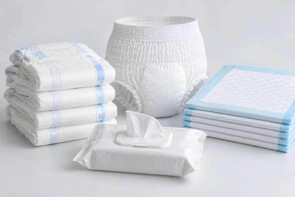 Adult incontinence briefs, underpads, and hygiene wipes